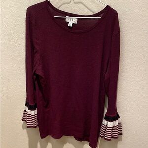 ELLE Women’s Burgundy Top with Striped Belle Sleeves